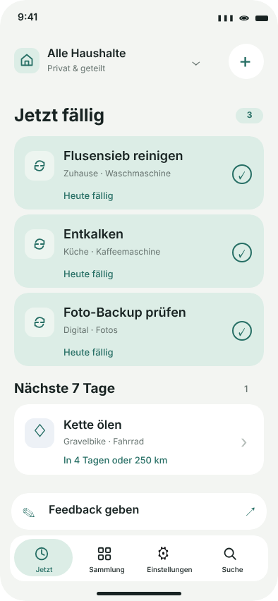 ago52: Flusensieb reinigen, Kaffeemaschine entkalken und Foto-Backup prüfen; Fahrradpflege in den nächsten sieben Tagen